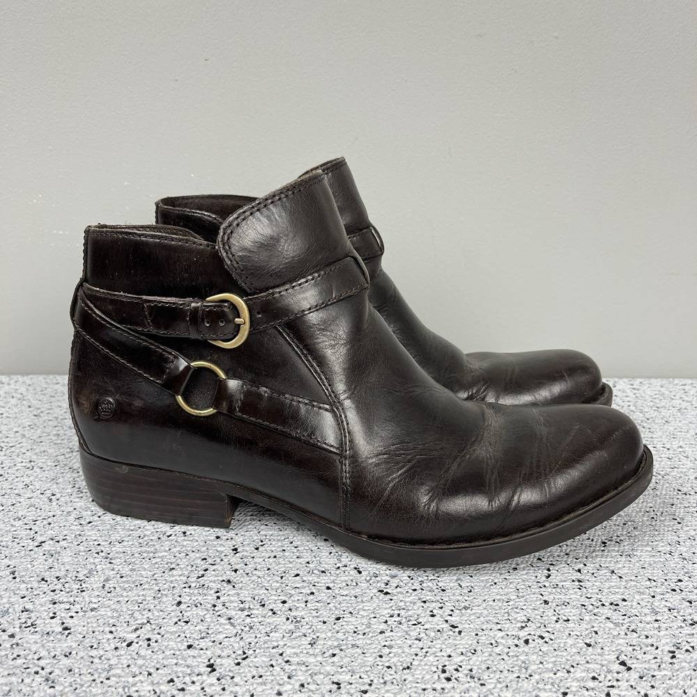 Born Shoes‎ Baily Ankle Boots Womens 10M Dark Brown Leather Buckle Accent